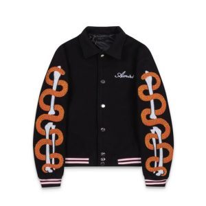 Chaqueta Amiri Snake & Bones Varsity Negro con Serpientes Naranjas